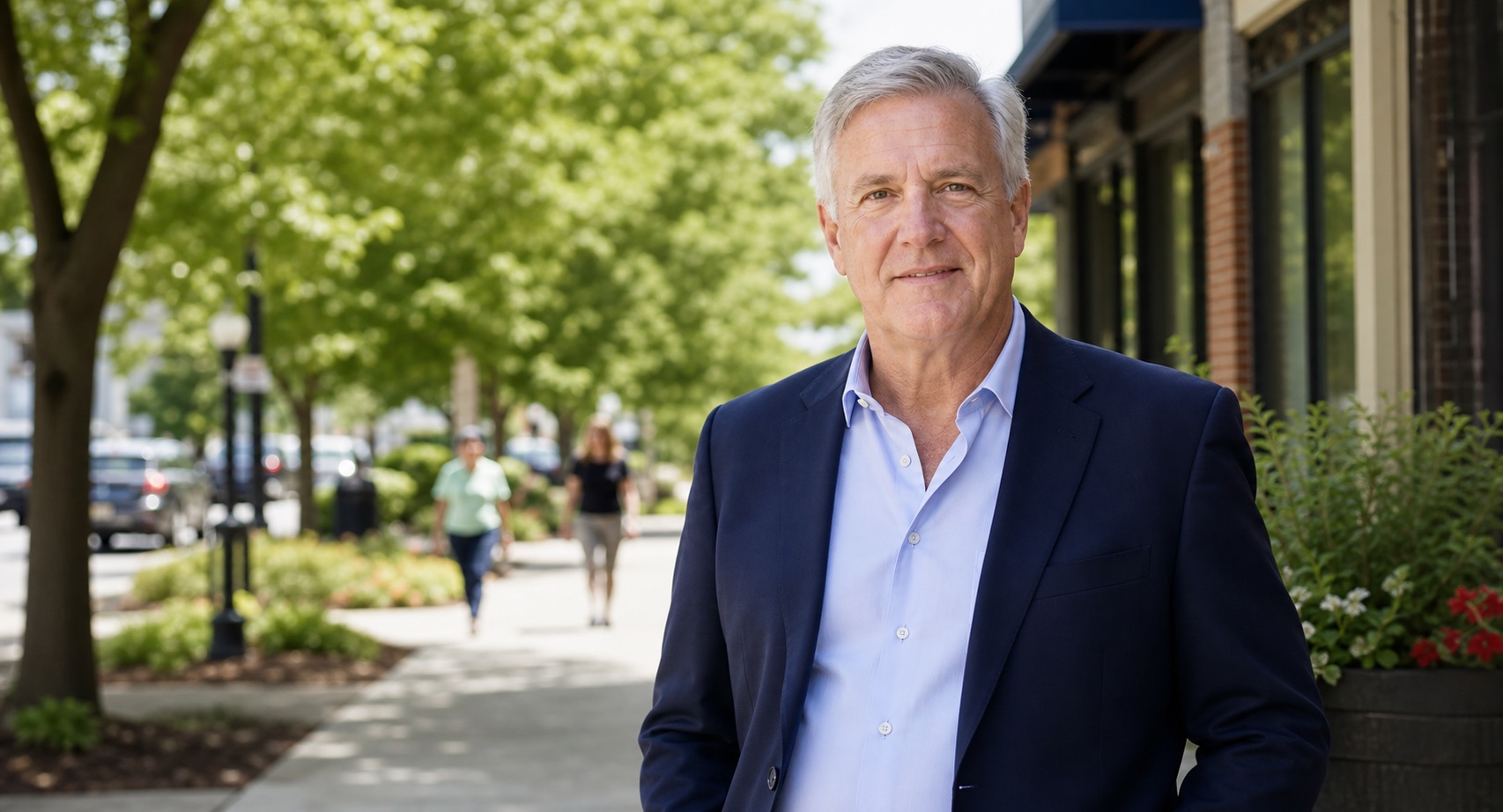 Fictional candidate Jordan Ellis on a local Vaughan main street