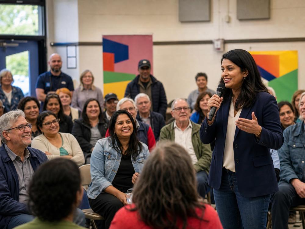 Maya Singh speaking with residents at a community event