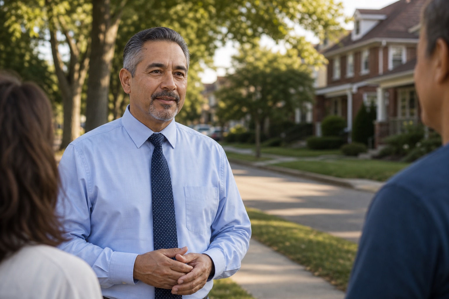 Fictional candidate Carlos Rivera speaking with neighbours on a Windsor residential street