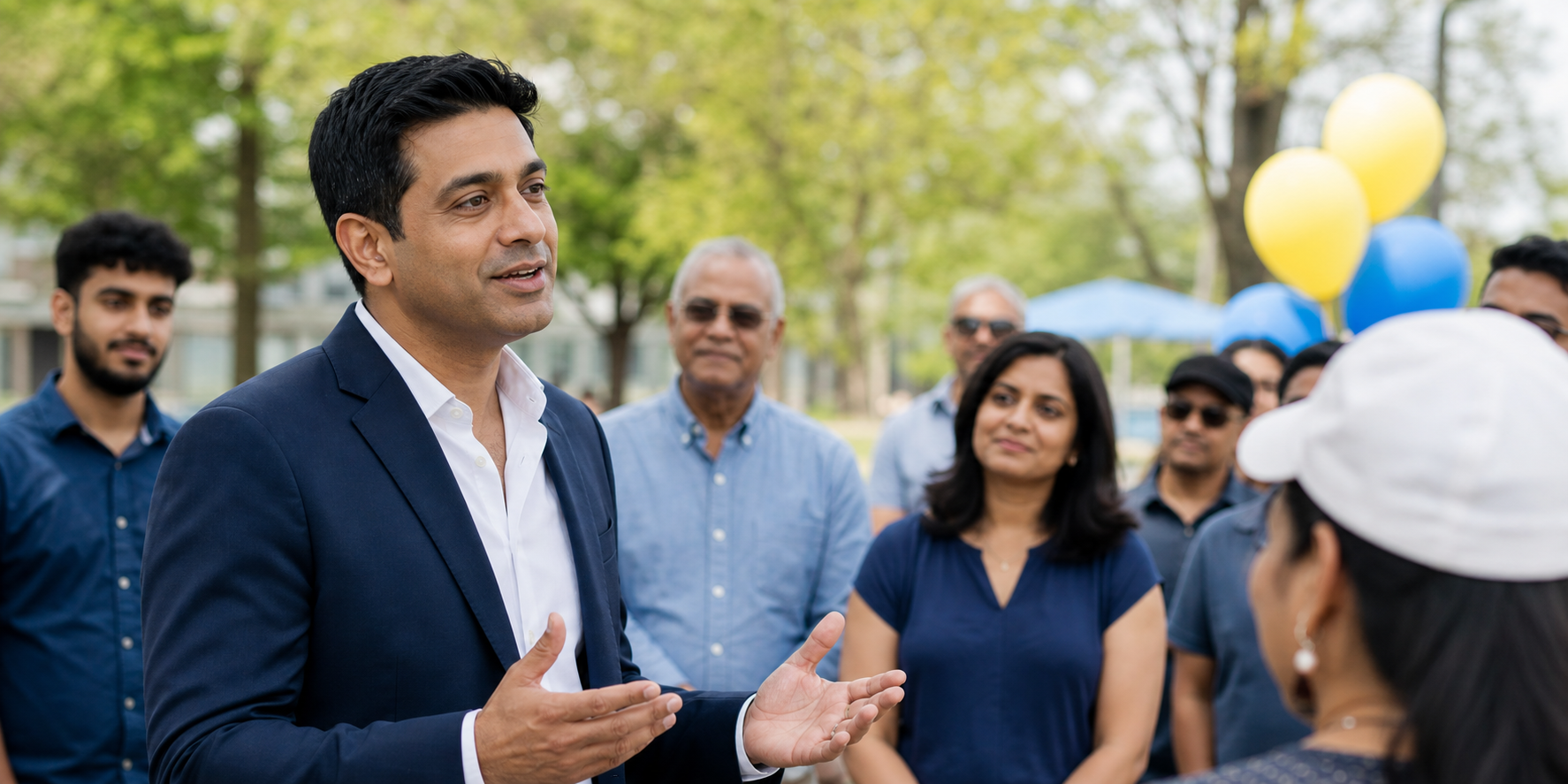 Noah Patel speaking with residents at a campaign event