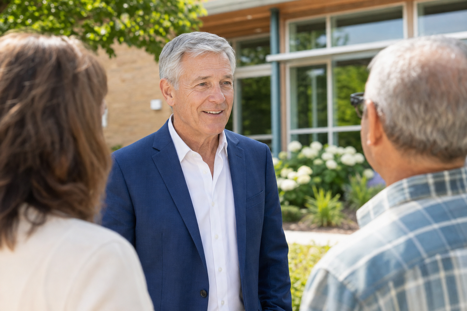 Fictional candidate Robert Caldwell speaking with residents outside a community building